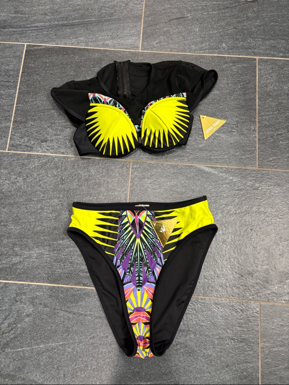 SS2016 Andrea Iyamah Black & Neon Yellow Geometric Print Two-Piece Bikini SET